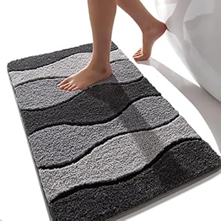 Grey Bath Mat Non Slip Bath Mats for Bathroom 50 x 80 cm, Dark and Light Grey Soft Microfiber Bathroom Mat, Black Stripes Bathmat Machine Washable Rug, Super Absorbent Floor Mat for Living Room