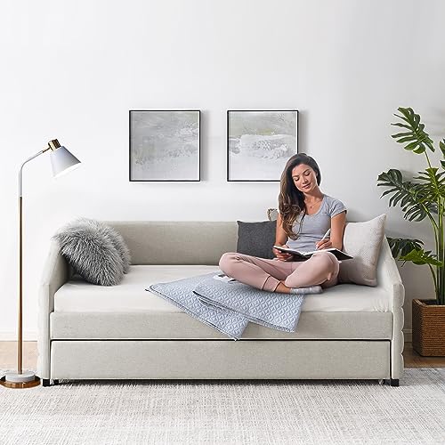 JEEOHEY Twin Size Daybed with Trundle, Modern Upholstered Linen Sofa Bed for Apartment Living Room Guest Room, Solid Wood Trundle Day Bed Frame, No Box Spring Needed, Beige