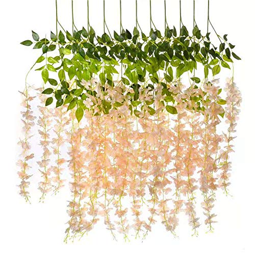 Oweru 12 Silk Wisteria Flowers, Artificial Wisteria Flowers, Used For Weddings, Parties, Stages, Gardens, Indoor And Outdoor Decoration, Uv Protection (Champagne) #TOP1