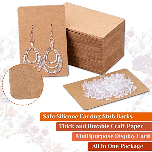 Earring Cards, Anezus 100 Pcs Earring Display Cards Earring Holder Cards with 200 Earring Backs and 100 Self- Sealing Bags for Earrings Necklace Jewelry Display, Kraft Color 3.5x2.4 Inches3