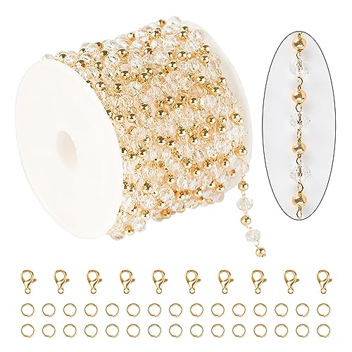 KYUNHOO 16.4 Feet Gold Plated Brass Beaded Jewelry Chain Bulk Clear Glass Crystal Necklace Chain for Women Jewelry Making Supplies Findings