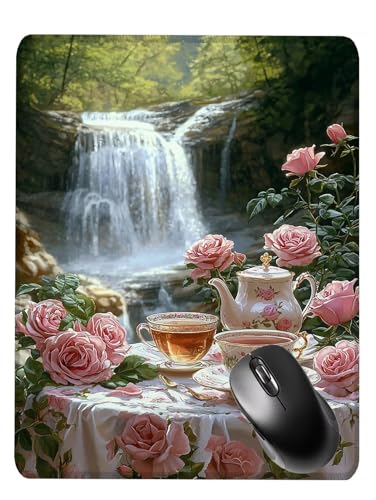 Alfombrilla Ratón Gaming, Mouse Pad, con Base de Goma Antideslizante, Superficie Impermeable, Bordes Cosidos, Compatible con Ratones Láser y Ópticos Portátil, 42x35x0.3cm Cascada Taza De Té S0F-639