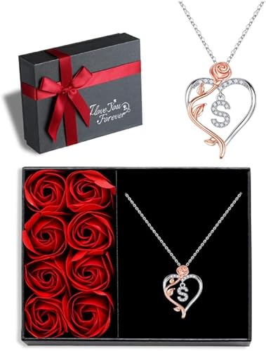 Iefil - Collares con diseño de corazón y rosa para mujer, plata de ley 925 con inicial de corazón, regalo de cumpleaños y aniversario para mujeres,