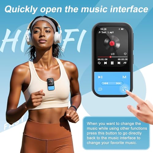 Image of 128GB MP3 Player, Bluetooth 5.3 Music Player with Clip, HiFi Sound Digital Music, Built-in HD Speaker, FM Radio, Voice Recorder, Earphones Included, MP3 Player for Kids