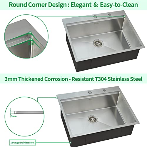 Ecochannels Kitchen Sink, 25 X 22 Inch Drop In Kitchen Sink Stainless Steel Topmount Kitchen Sink Workstation Sink Single Bowl #TOP4