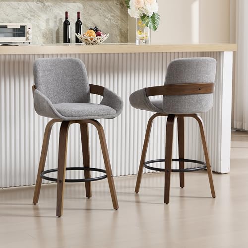 VipDesk Swivel Bar Stool Set of 2, Fabric Counter High Stools with Back and Armrest 360° Swivel Walnut Bar Chair for Kitchen Island Home Dining - Light Grey