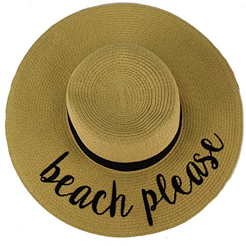 Fun Verbiage Elegant Wide Brim 4  Summer Derby Beach Pool Floppy Dress Sun Hat Natural (Beach Please)