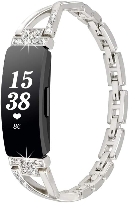 WINOW Compatible with Fitbit Inspire HR Bands/Inspire Band Women Girl Metal Strap Replacement Jewelry Bracelets/Wristbands with Bling Stone for Fitbit Inspire/Inspire hr Smartchatch(Silver)