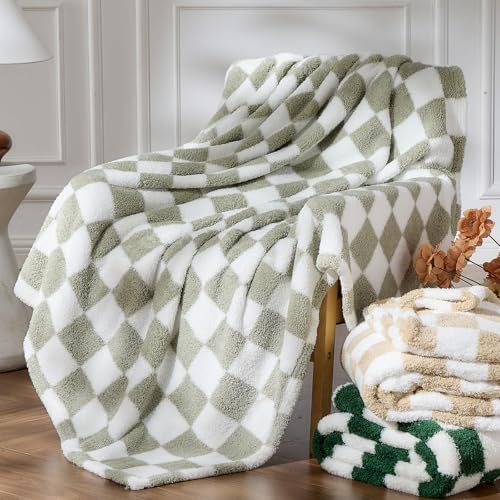 NEWCOSPLAY Knitted Sage Green White Checkered Blanket Super Soft Plush
