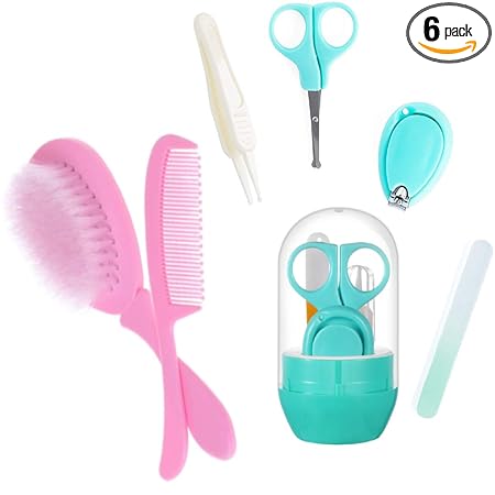GUCHIGU Baby Hair Brush & Manicure Set for Toddler Soft Bristles Brush & Comb with Grooming Kit Nail File Clippers Scissors Nose Cleaning Tweezers for Kids Gift Travel Bath for Boy Girl (6 Pc Set)
