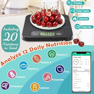 URAMAZ Food Scale with Nutritional Calculator, Digital Food Scales for Kitchen Scale Grams and Ounces, Smart Food Weight Scale for Weight Loss, 20 Nutrients Tracking, Diet, Calories, Meal Prep, 11lb