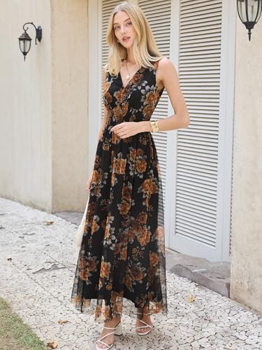 Image of ANRABESS Women's Floral Tulle Wedding Guest Maxi Dress | V Neck Sleeveless,A-Line Elastic Waist,Casual Flowy Formal Boho,Bridal Shower Garden Party Beach Vacation,Summer Fall