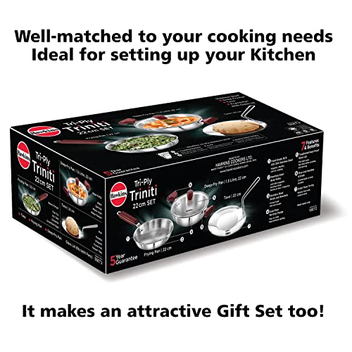 Hawkins Triniti 3 Pieces Triply Stainless Steel Cookware Set 2 - Frying Pan, Tava, Deep-Fry Pan with Glass Lid, Silver (SSET2) - Image 3