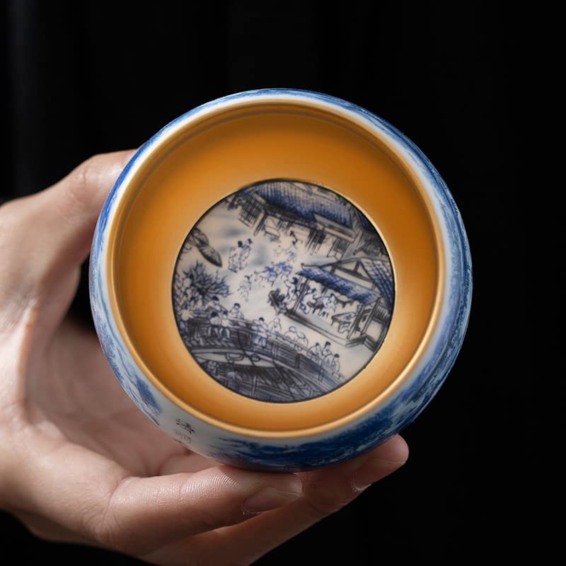 Tazas de té Pequeñas Taza de porcelana azul y blanca del maestro, taza té jadeíta, tazón individual a lo largo río durante el Festival Qingming, juego cerámica, lujo vintage Taza de té de Kungfu