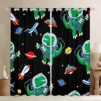 Feelyou Dinosaur Curtain for Kids Boys Bedroom Cute Cartoon Dino Astronaut Curtains Children Funny Space Rocket Window Drapes Outer Space Theme Room Decor Window Treatments (2 Panels, 42 x 63 Inch)
