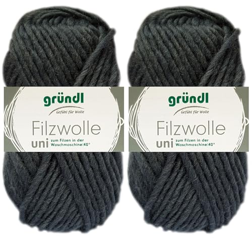 2x50 Gramm Gründl Filzwolle Uni aus 100% reiner Schurwolle inkl. Anleitung für Topflappen (02 Anthrazit)