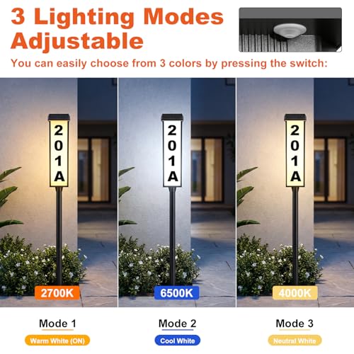 Brightever Solar Address Sign, House Number for Outside Waterproof, 3-Color LED Illuminated Address Plaque with Stake, Solar Powered Light Up Address Numbers for Houses Yard, 1-Pack - Thumbnail 6
