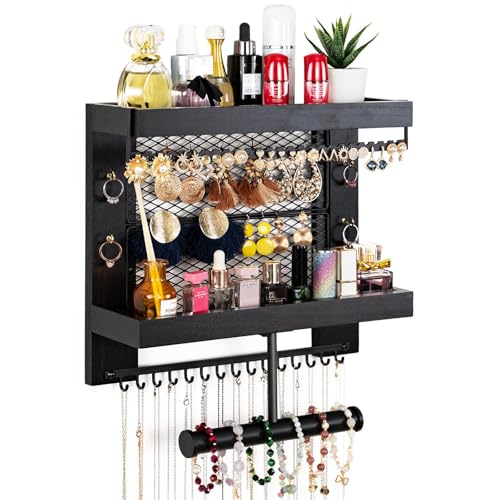 Pinzoveco Hanging Jewelry Organizer Wall Mounted With Wall Jewelry Organizer Holder For Necklaces Bracelet Earrings Ring (Black)