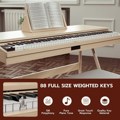 UMOMO 88 Key Weighted Digital Piano, Both Desk Piano & Vanity Desk Piano, 88 Key Progressive Hammer-action Keyboard Piano for Beginners with MIDI, Burlywood