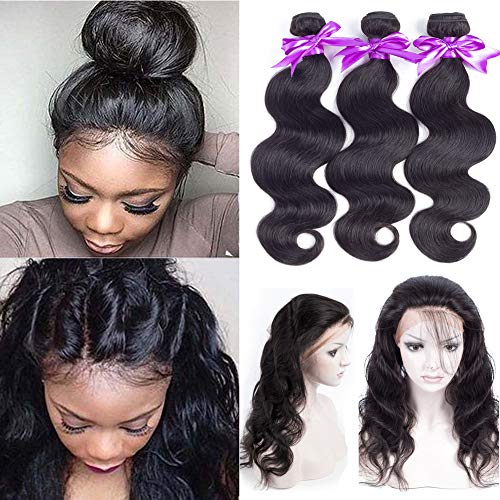 Brazilian Hair Body Wave 3 Bundles With 360 Lace Frontal Closure Virgin Human Hair With Lace Frontal For Women Hair Bundles(18 20 22 &16''360 Frontal Closure)