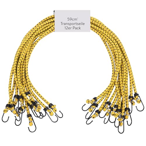 PRETEX 12er Set Universal Expander Gepäckspanner mit Haken - 59 cm Lange Gummispanner Gummiband Set - 12x Fahrrad Spanngurte Spanngummi - Bungee Cord Set - Gelb