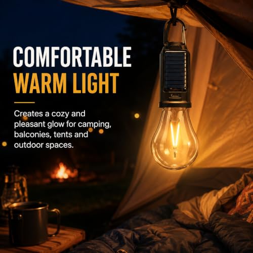 Image of Solar Powered Rechargeable Camping Light Bulb with Hanging Hook, Portable LED Tent Lantern with USB Type-C Charging for Camping, Hiking, Trekking, Emergency, Outdoor & Home Use, Pack of 2
