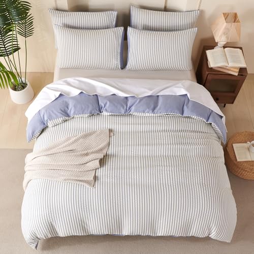 Image of Blue Striped Comforter Set Queen - 3 Pieces Bedding Comforter Set for All Season, Soft Lightweight Washed Microfiber, 1 Striped Comforter and 2 Pillowcases (Blue, Queen Size)