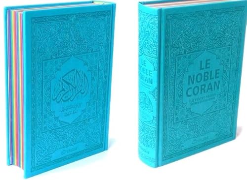 Noble Coran avec Pages Arc-en-Ciel (Rainbow) - Bilingue (Fr/Ar) - Couverture Daim Bleu Clair