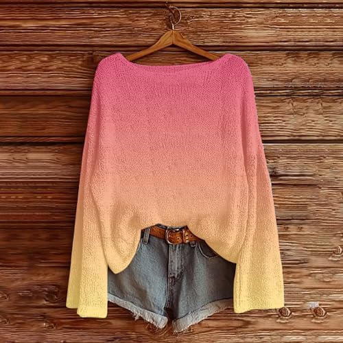 Heevina Sweaters for Women Knitted Gradient Vingate Boat Neck Plus Size Knit Long Sleeve Winter Jumpers Sweater Fall2