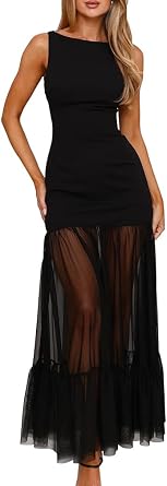 LAGSHIAN Womens Sleeveless Backless Bodycon Evening Maxi Dress | Elegant Boat Neck,Summer Mesh Hem,Back Strap,Stretchy,Long