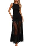 Women's Elegant Crew Neck Backless Maxi Dress Sleeveless Back Tie Mesh Evening Long Dresses