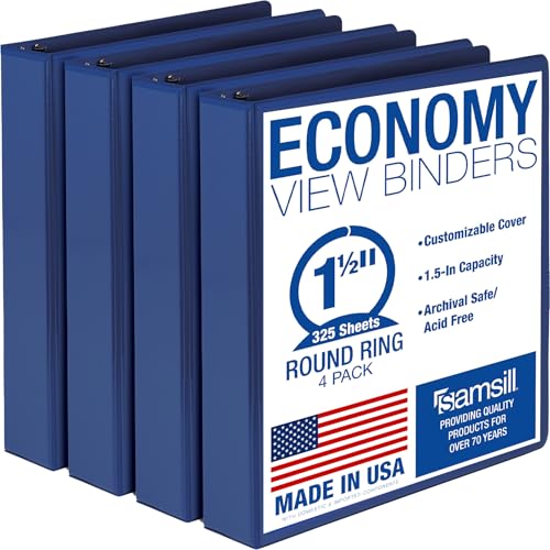 Samsill 1.5 Inch 3 Ring Binders Economy Round Ring Clear View Cover 325 Sheet Capacity - for School Home Office - Blue 4 Pack
