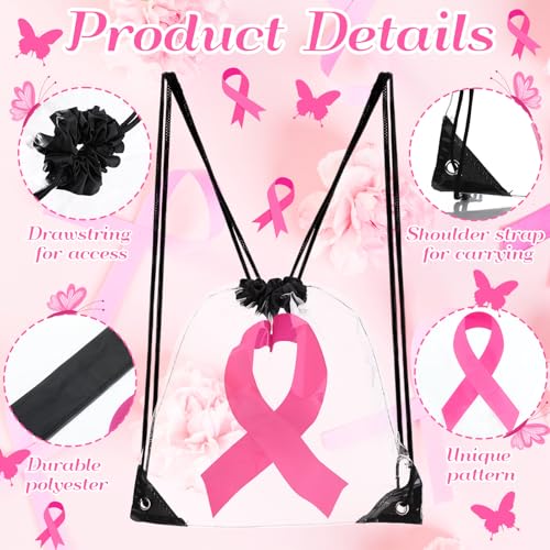 24 Pcs Breast Cancer Awareness Drawstring Backpack Pink Ribbon Clear Drawstring Bags Breast Cancer Awareness Items Bulk Hope Pink Backpack for Women Charity Events Party Gifts(Black)3