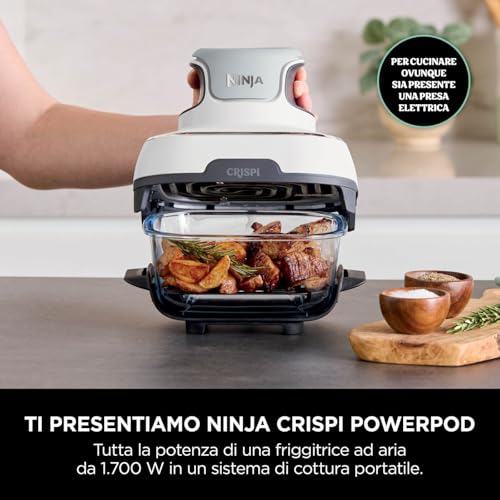 Ninja CRISPi Friggitrice ad aria portatile, 3,8 L e 1,4 L, 4 in 1: frigge, arrostisce, mantiene caldo, dora, design compatto, 2 contenitori in vetro con coperchi, 1700 W, color bianco, FN102EU - Immagine 2