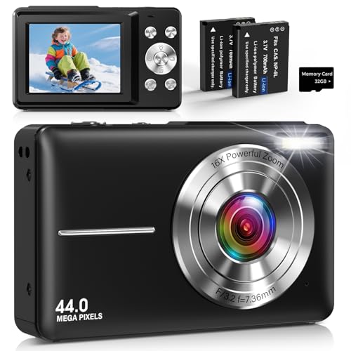 Appareil Photo Numérique Compact Appareil Photo avec Photo 44MP, Vidéo HD 1080P, Écran IPS 2,4”, Zoom Numérique 16X, Anti-Tremblement, Carte 32GB, 2 Batteries pour...