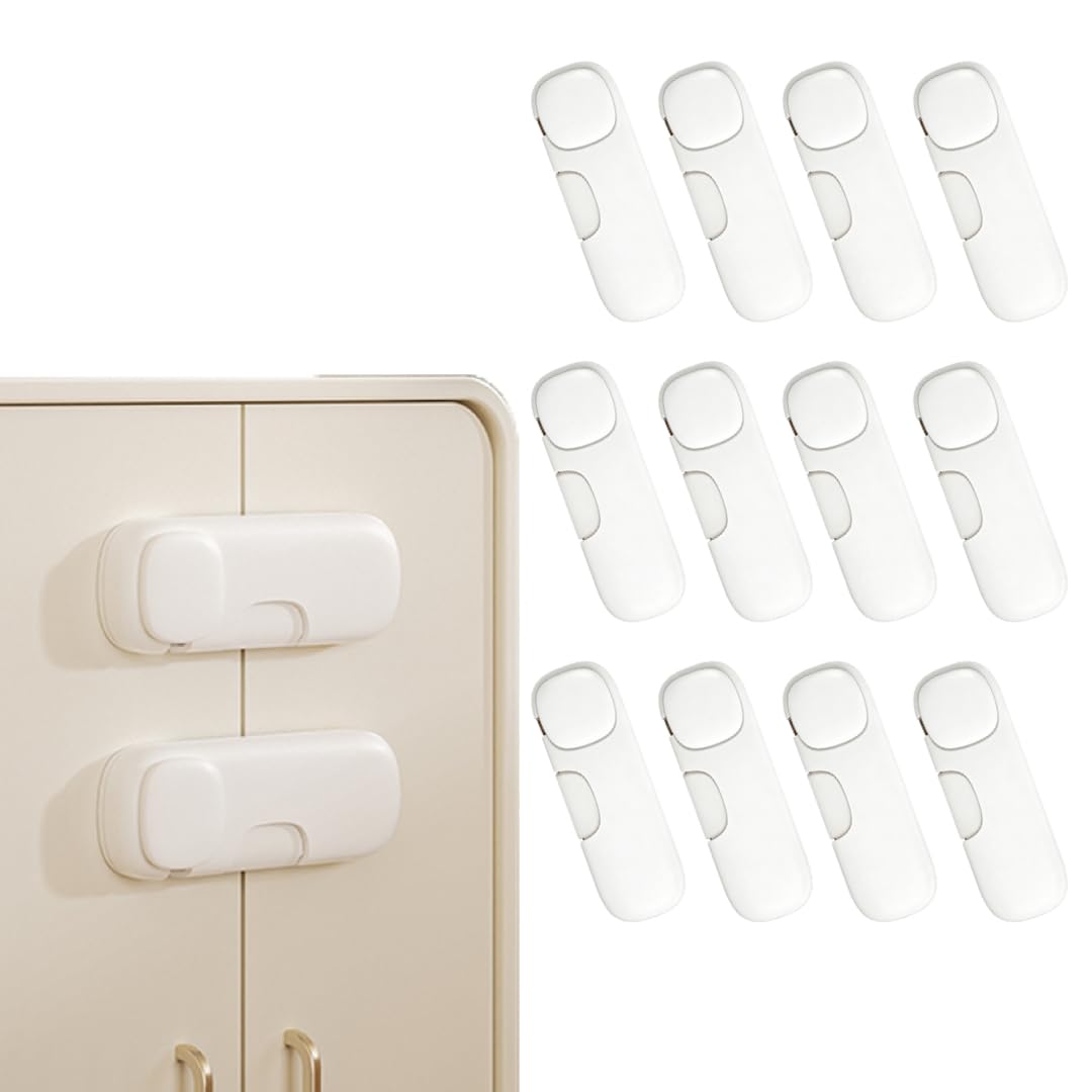 Child Proof Cabinet Locks,Adhesive Refrigerator Lock Baby Proofing,Multi-Use No Drilling Child Locks for Cabinets,Drawer,Toliet (White, 12 Pack)