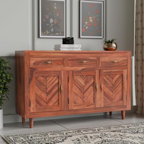 Image of Solid Sheesham Wood Sideboard Cabinet with 3 Door & 3 Drawer Storage | Wooden Storage Organizer Unit for Living Room Dining Kitchen Bedroom Hallway | Natural Honey Finish | Pre-Assembled