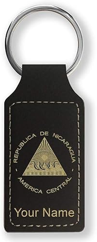 LaserGram Llavero rectangular, bandera de Nicaragua, grabado personalizado incluido (negro con oro)