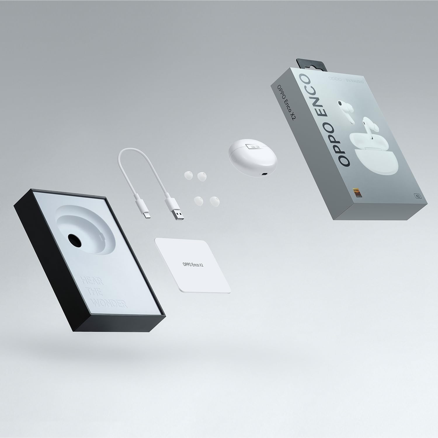 OPPO Enco X2 package contents including earbuds, case, cable, and ear tips