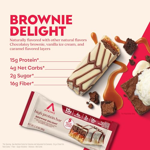 Image of Atkins High Protein Bars, Brownie Delight Flavor, 15g of Protein, 4g Net Carbs, Keto Protein Bars, Low Sugar, 4 Count