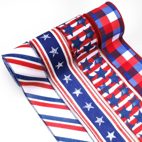 LaRibbons Patriotic Ribbon Wired 4 Rolls 2.5 Inch x 20 Yards Total, Red White Blue Star, Stripe & Plaid 4th of July Ribbon for America 250th Anniversary Decor, Independence Day & Memorial Day Crafts