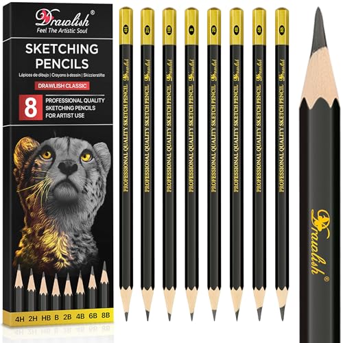 Lot de 8 crayons à croquis B, 2B, 4B, 6B, 8B, HB, 2H, 4H - Qualité supérieure pour croquis, ombrage et gribouillis