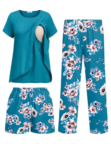 Image of Ekouaer 3 PCS Maternity Nursing Pajamas Set Postpartum Breastfeeding Short Sleeve Shirts, Pregnancy Shorts & Pants Pjs S-XXL
