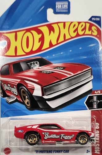 Hot Wheels Carro engraçado Mustang '71, vermelho, escala 1:64, carro de brinquedo de metal fundido, 175/250, Mustang 60º aniversário 4/5
