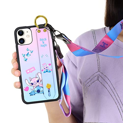 Cuwana Cartoon Case For Iphone 11 Case 6.1 Inch Cute Stitch Cartoon Character Design With Lanyard Wrist Strap Band Holder Shockproof Protection Bumper Kickstand Cover(Stitch & Angle) #TOP1