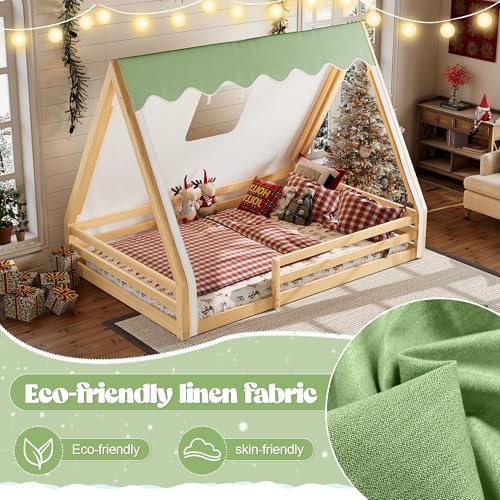 Image of CZBZ Full Size House Floor Bed with Canopy Tent and LED Lights, Wood Teepee Montessori Floor Beds Frame with Guardrails for Kids, Playhouse Design for Safe Sleep & Imaginative Play