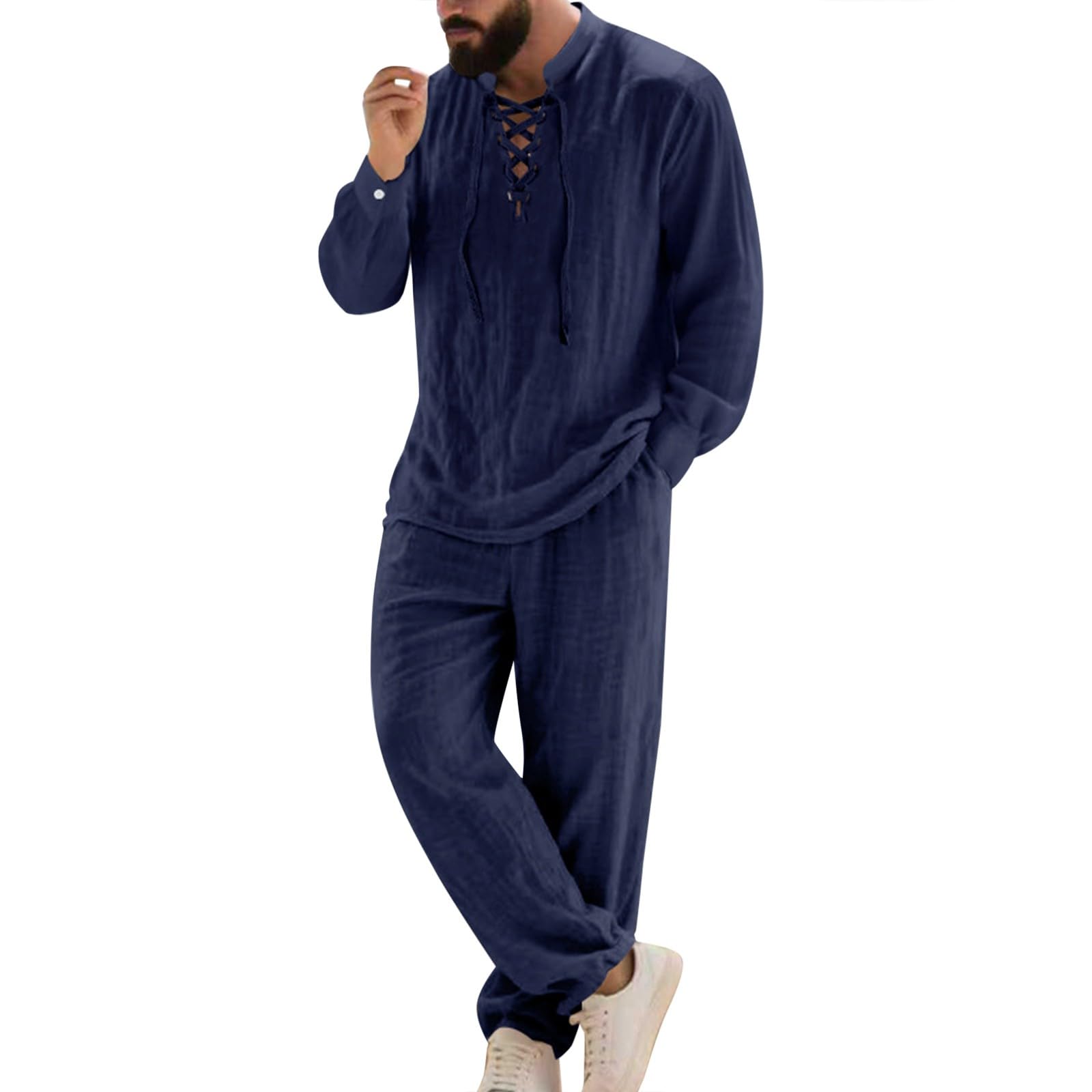 Tuta Completa Uomo 2 Pezzi Lino Cotone - Camicia Manica Lunga+ Pantaloni Tinta Unita Traspirante - Set Casual Sportivo Spiaggia Vacanza Yoga Pigiama Palestra Fitness Allenamento Jogging Taglie Forti