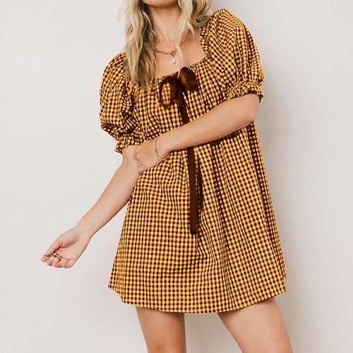 Image of Women Y2k Puff Sleeve Babydoll Dresses Square Neck Tie Back Mini Dress Summer Solid Off Shoulder Flowy Sundress