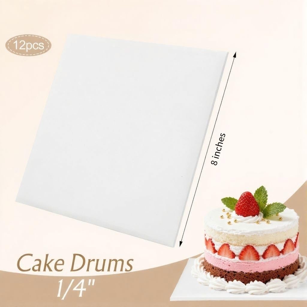 12pcs Cake Boards Square Cake Boards, Sturdy Corrugated Paper Cake Drums, Greaseproof & Food-Safe Cake Base for Birthday Wedding Baby Shower, Bulk for Home Bakers & Bakeries (white, 8 inch)