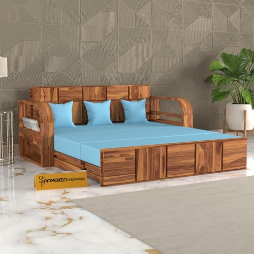 Image of Mamta Furniture Sheesham Wood Sofa Cum Bed with Storage for Living Room Bedroom | Wooden Diwan Sofa Set with Cushions and Blue Mattress Support | Honey Finish